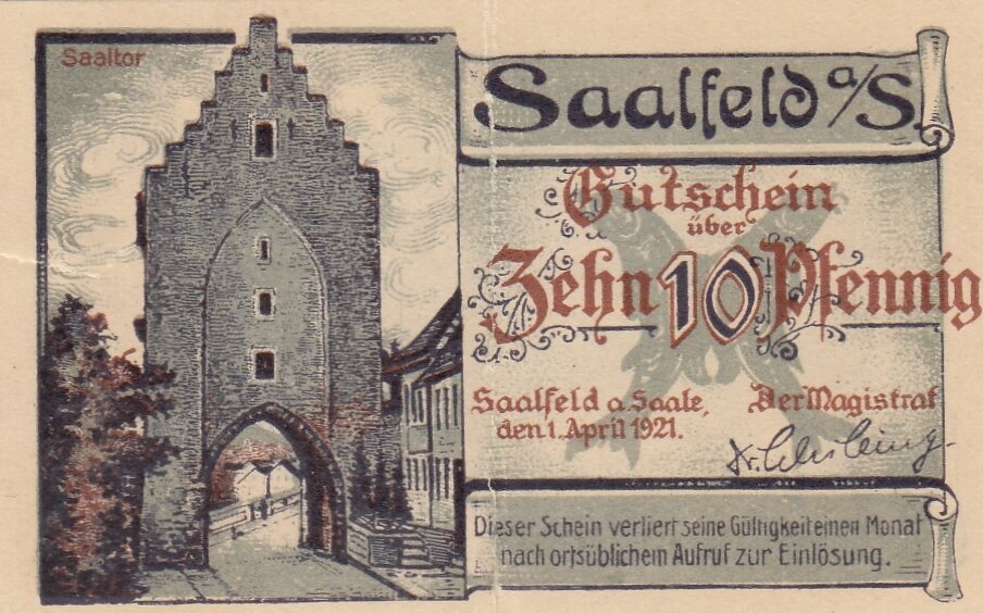Германия (Веймарская Республика) Заальфельд 10 пфеннигов 1921 г. (5)