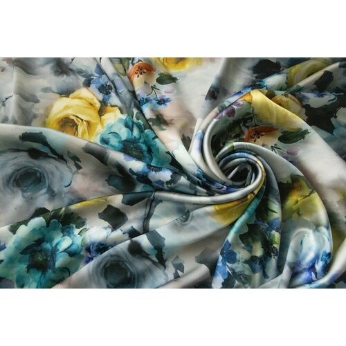 Ткань серо-зеленый атлас с желтыми розами и голубыми цветами