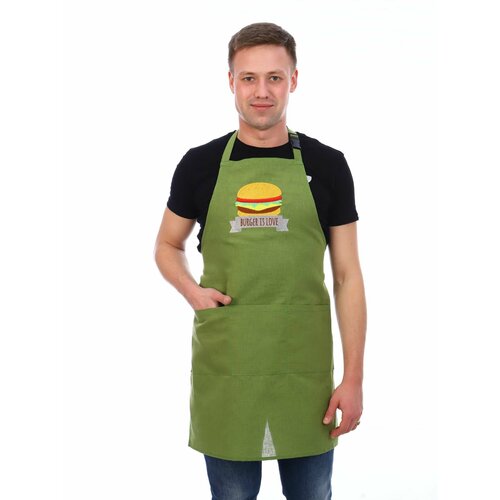 Фартук кухонный с вышивкой, лен (Бургер, зеленый)
