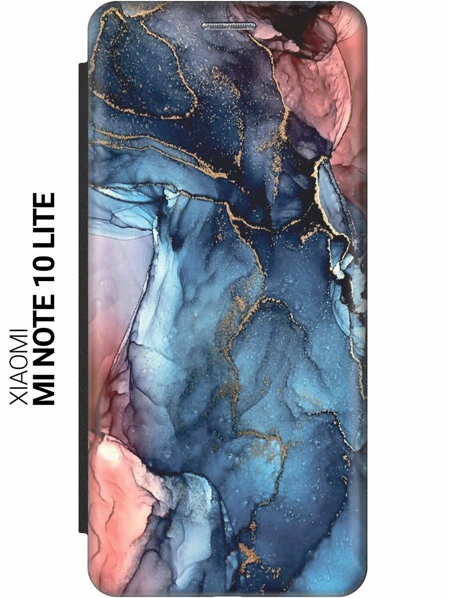 Чехол-книжка на Xiaomi Mi Note 10 Lite, Сяоми Ми Ноут 10 Лайт c принтом "Сине-розовый мрамор" черный