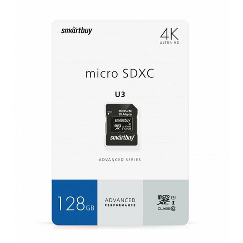 Карта памяти SmartBuy microSDXC 128 ГБ Class 10, V30, UHS-I U3, R/W 90/55 МБ/с, адаптер на SD, 1 шт., черный