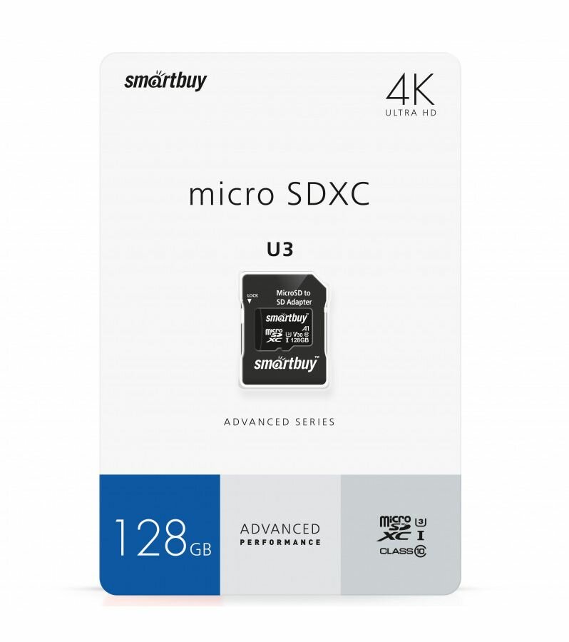 micro SDXC карта памяти Smartbuy 64GB U3 V30 A1 Advanced R/W up to 90/55 с адапт (SB64GBSDU1A-AD)