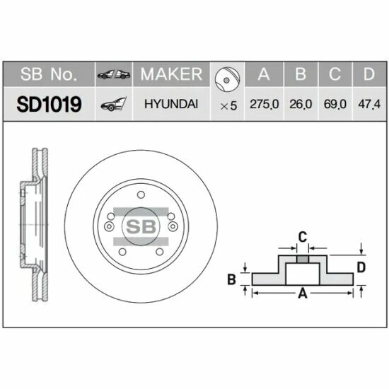 Диск тормозной передний Sangsin Brake для Hyundai Elantra, SD1019, 1 шт