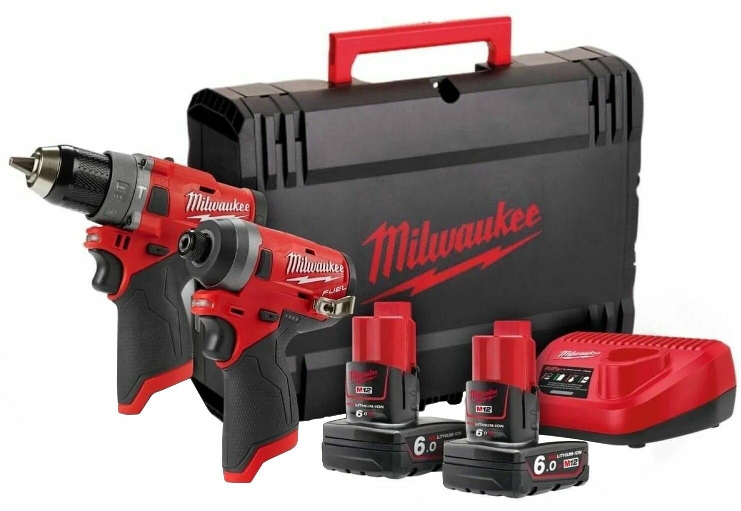Набор: аккумуляторные дрель-шуруповерт и перфоратор Milwaukee M12, с 2 АКБ 6 Ач и ЗУ, в кейсе, 4933459808