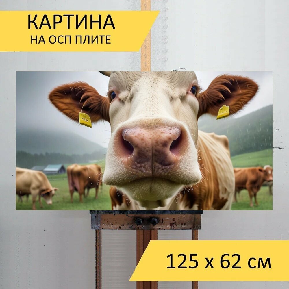 Картина на ОСП фермерам "Животное, домашнее, корова, пастбище, пастись" 125x62 см. для интерьера на стену