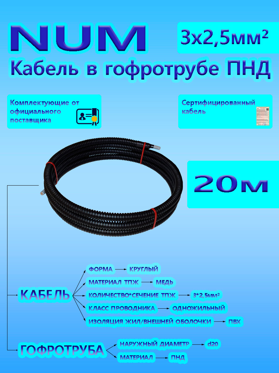 Кабель NUM 3х25 066 кВ ГОСТ в черной гофротрубе ПНД d20 (20 м) универсальный L-фаза