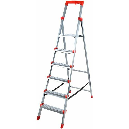 Стремянка металлическая усиленная HAUSHALT HНСУ6, 6 рельефных ступеней с увеличенной шириной, рифленая платформа, страховочная лента, нагрузка до 150кг