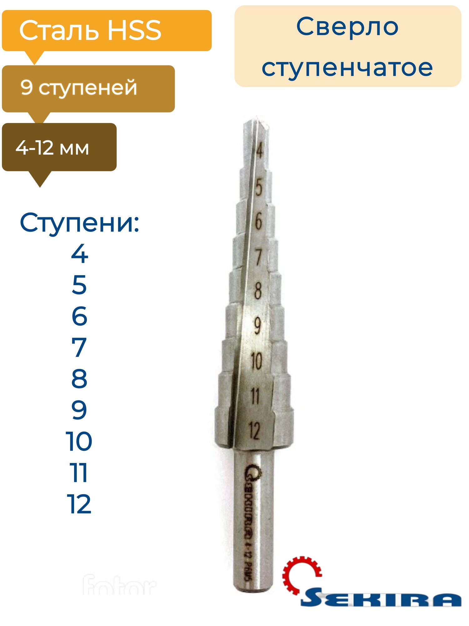 фото Сверло ступенчатое 4-12мм 9ступ. Р6М5 Sekira