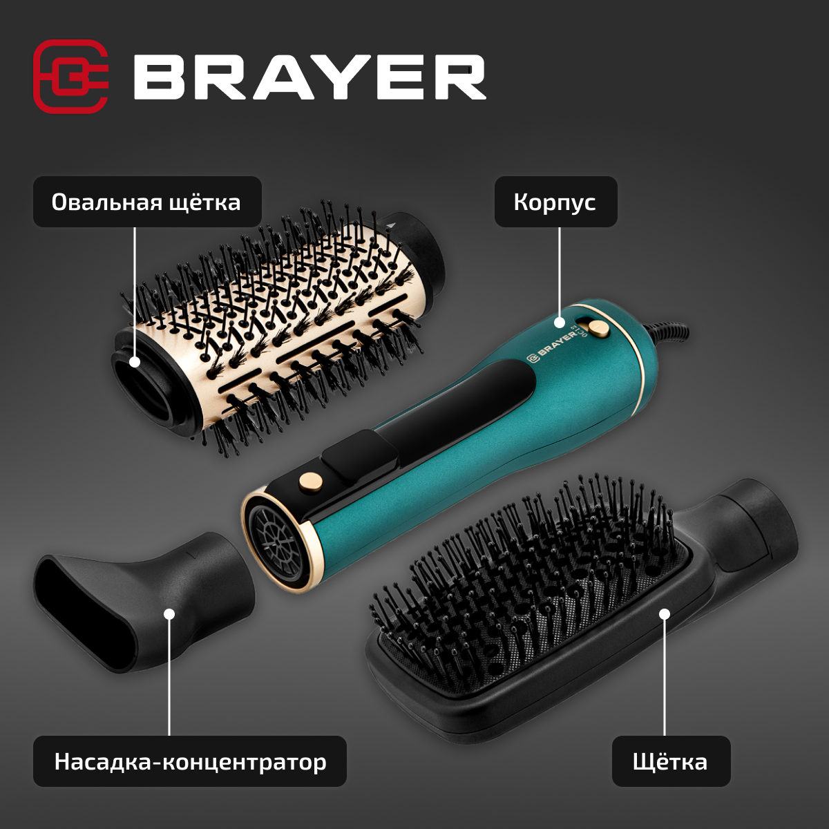 Обзор: Фен-щетка для укладки волос BRAYER BR3136, 1200 Вт, 2 скорости, 3 насадки, цвет зеленый/золотистый