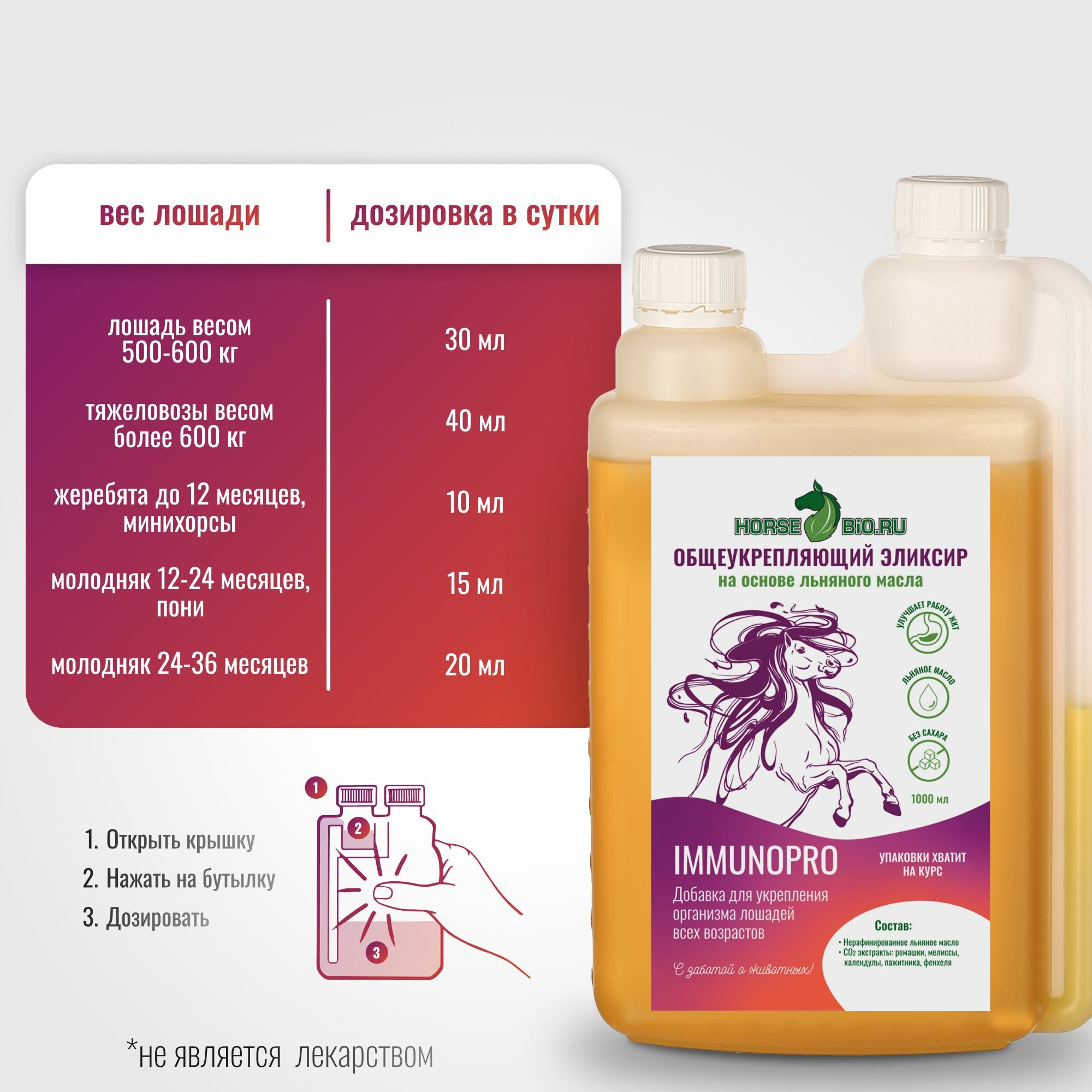 Картинки Эликсир общеукрепляющий Horse-Bio ImmunoPro на основе льняного масла для лошадей, 1000 мл