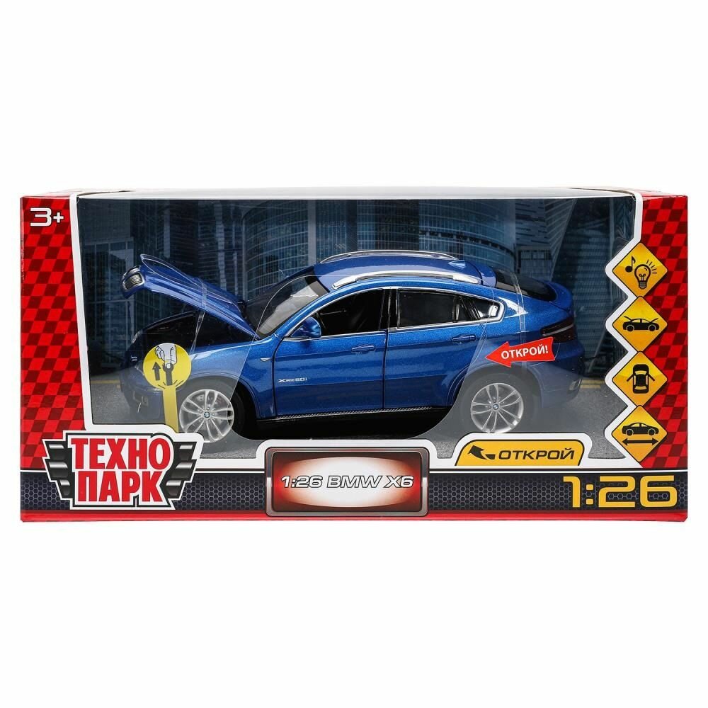 Машинка детская BMW X6 20 см, Технопарк, синяя, открываются двери, капот и багажник, свет и звук