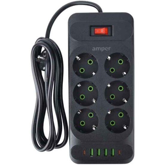 Сетевой удлинитель с USB Amper JH-1076U-4B 6 розеток, 4usb, 2Type-C, 2500 Вт, 10А, 4,0м, черный.