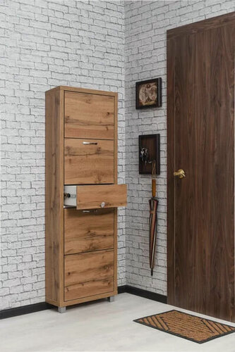 Изображение товара Обувница Ironnori Люкс Плюс, фасад ЛДСП, 4 секции плюс выдвижной ящик для мелочей, цвет дуб Вотан.