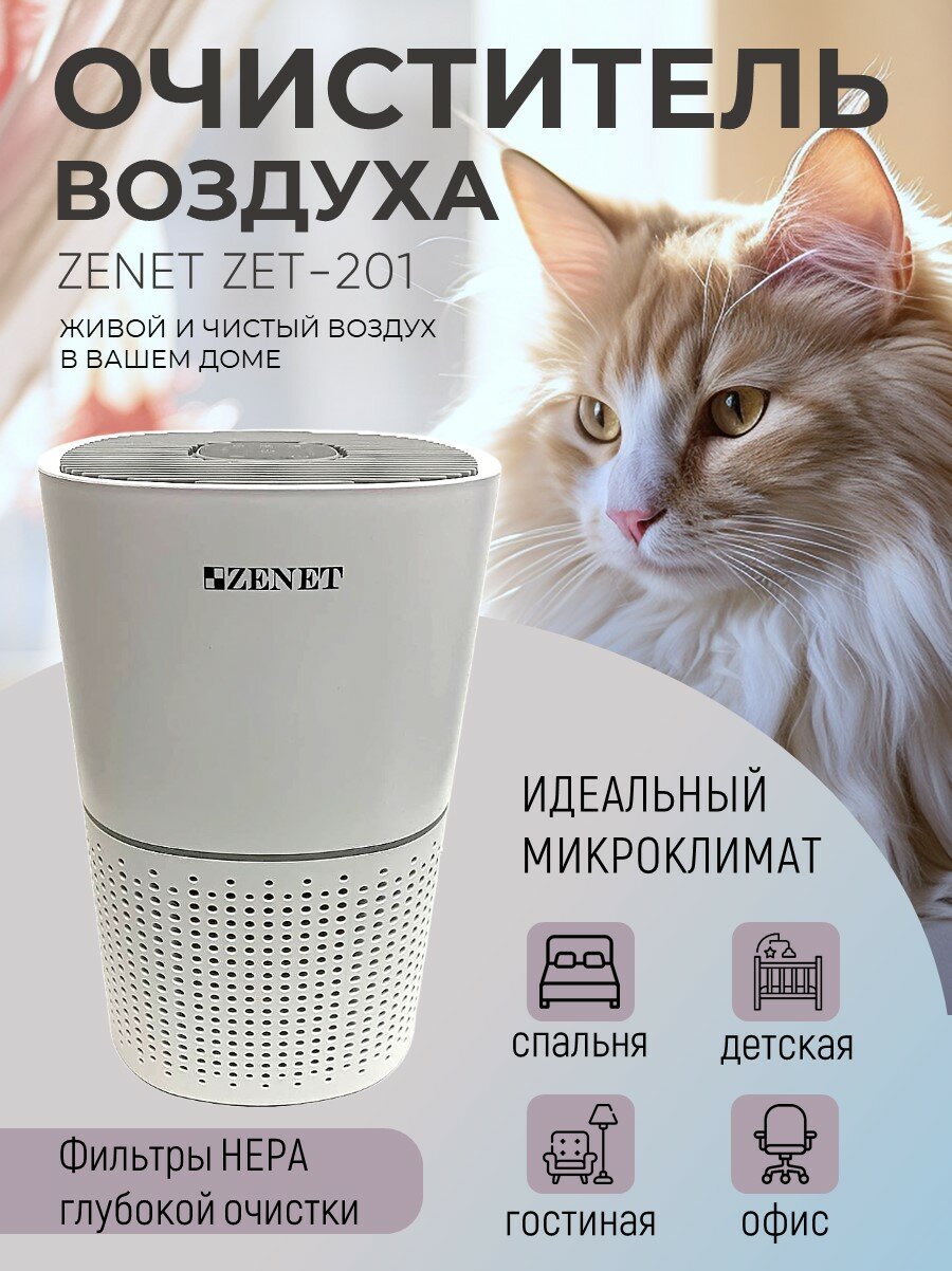 Очиститель воздуха Zenet ZET-201, HEPA- и угольный фильтры, дисплей, ионизация, 3 режима