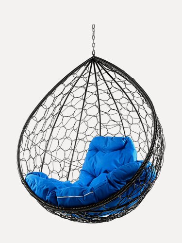 Изображение товара Подвесное кресло капля (без стойки), с ротангом черное, синяя подушка