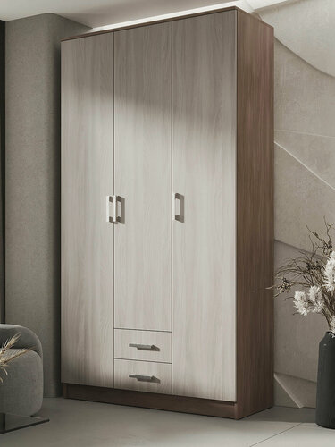 Изображение товара Распашной шкаф для одежды и хранения вещей Трио с полками, со штангом, с ящиками, 120х48,7х220 см, Ясень Шимо темно-светлый