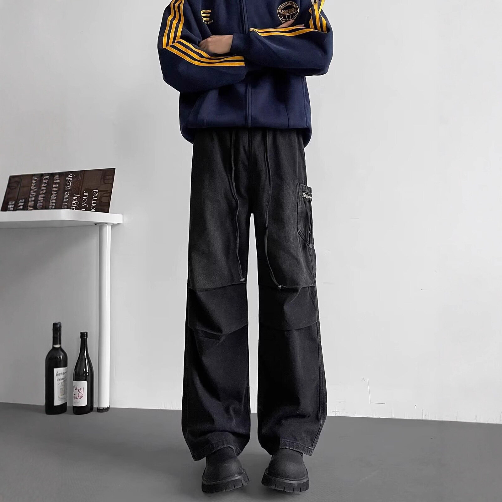 Охоты Брюки JYL Мужские джинсы Чистый цвет Весна-осень гангстерский стиль состаренный складной дизайн рабочий брюки