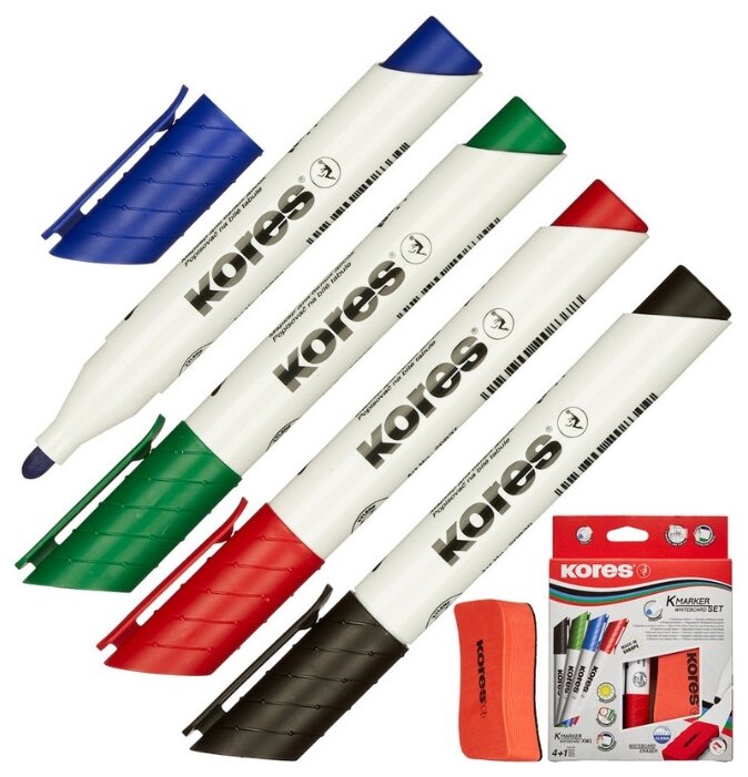 Набор маркеров для досок "Kores" с губкой, 3 мм, 4 штуки