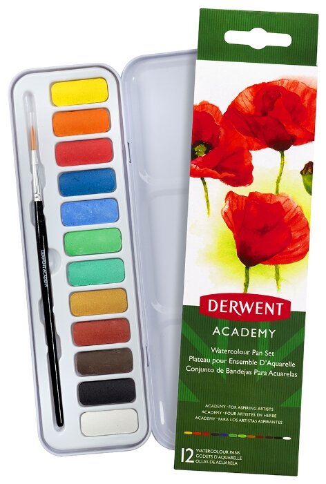 Набор акварели Derwent "Academy" 12 цв в кюветках + кисть в метал уп - фото №1