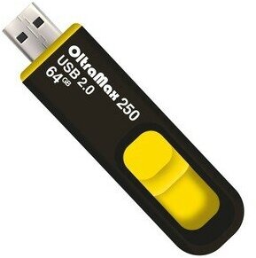 Флешка OltraMax 250, 64 Гб, USB2.0, чт до 15 Мб/с, зап до 8 Мб/с, жёлтая