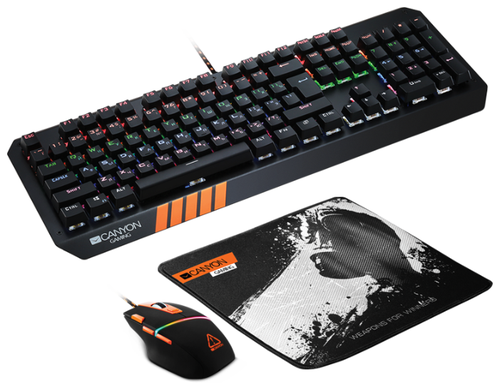 Игровой набор Canyon 3in1 Gaming set Keyboard with rainbow LED(104 keys), Mouse with RGB(DPI 800/1600/3200/4200), Mouse Mat with size 350*250*3mm black RU 1.3кг 1CN-DSGS02RU