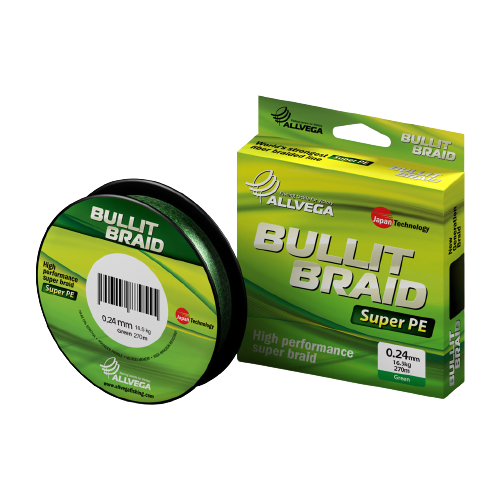 Плетеный шнур ALLVEGA BULLIT BRAID d=0.24 мм, 270 м, 16.5 кг, dark green, 1 шт.