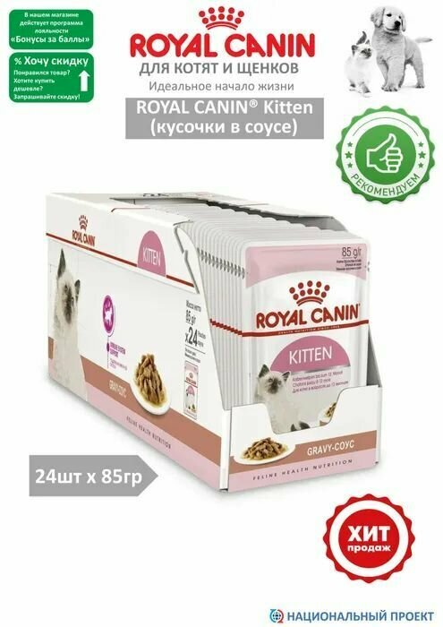 Корм влажный (паучи) Royal Canin Kitten Instinctive для котят 4-12 месяцев, кусочки в соусе, 85 г х 24 шт - фотография № 6