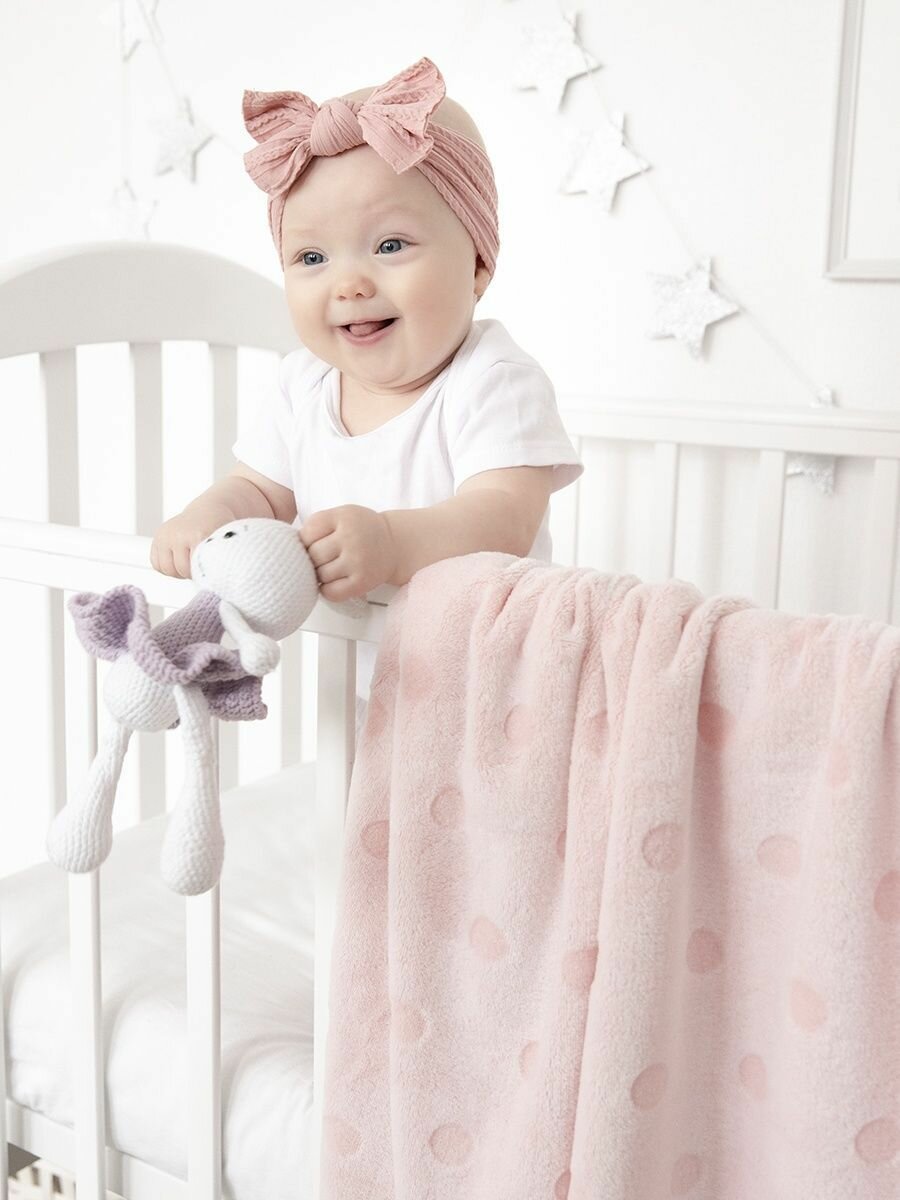 Плед плюшевый 100х118 см для новорожденных в кроватку коляску, MICRO VELUR, "Горох", розовый