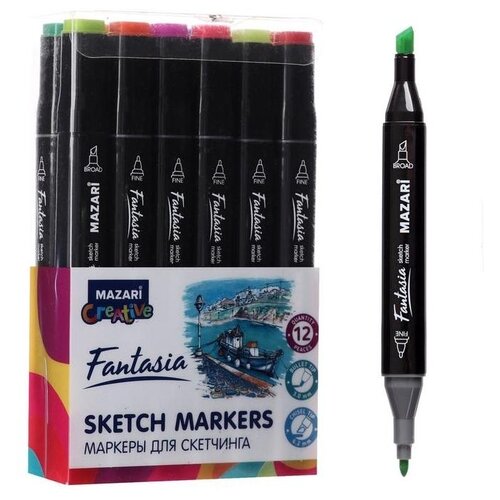 фото Маркер худож набор mazari fantasia 12цв main+fluorescent colors(2ст: пулевид3.0/клиновид6.2)