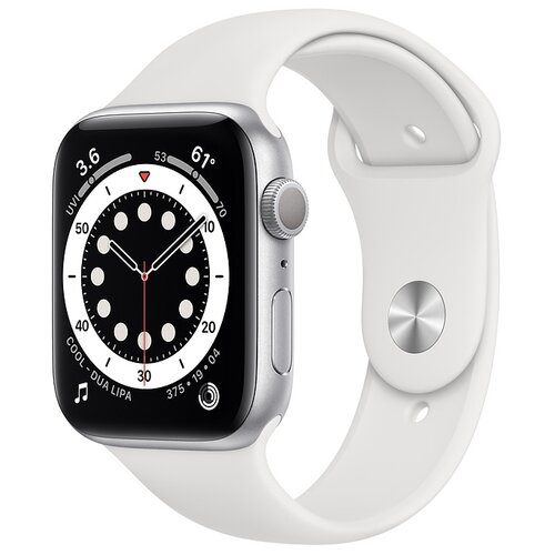 фото Умные часы c gps apple watch series 6 gps 44mm aluminum case with sport band серебристый/белый