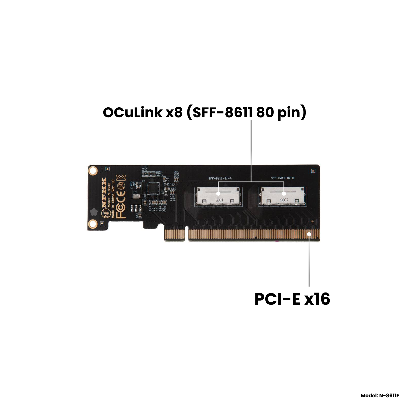 Адаптер-переходник (плата расширения) на 2 порта OCuLink x8 (SFF-8611 80 Pin) в слот PCI-E x16 черный NFHK N-8611F