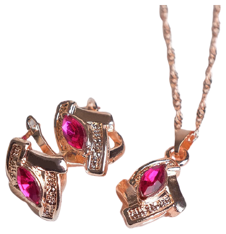 Комплект бижутерии Queen Fair Гарнитур 3 предмета: серьги, кулон, кольцо Эдель ромб совершенство, цвет красно-розовый в золоте, 45см, акрил