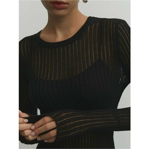 фото Лонгслив лонгслив oneleft прозрачный в полоску удлиненный, размер l, черный