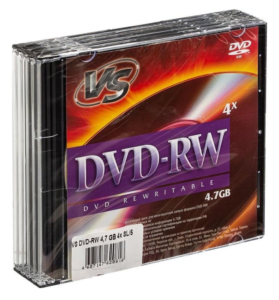 Диск DVD-RW VS 4.7 Gb 4X Sim Case, 5 шт