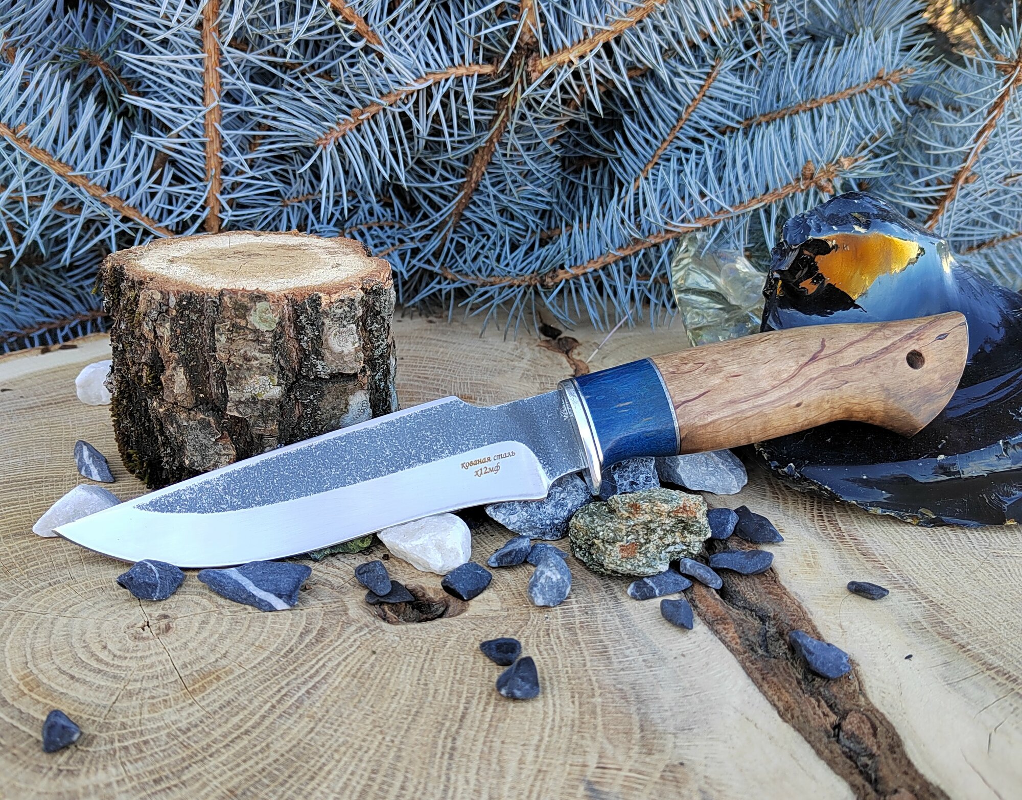Охотничий разделочный нож "Волк 1" из кованной стали х12мф с кожаным чехлом ручная работа
