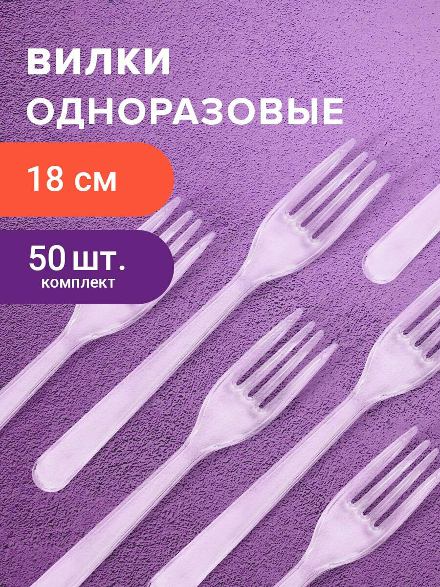 Вилки столовые пластиковые одноразовые (одноразовая посуда) 180 мм, Комплект 50 штук, Эталон, прозрачные, WELDAY (Вэлдэй), 607839