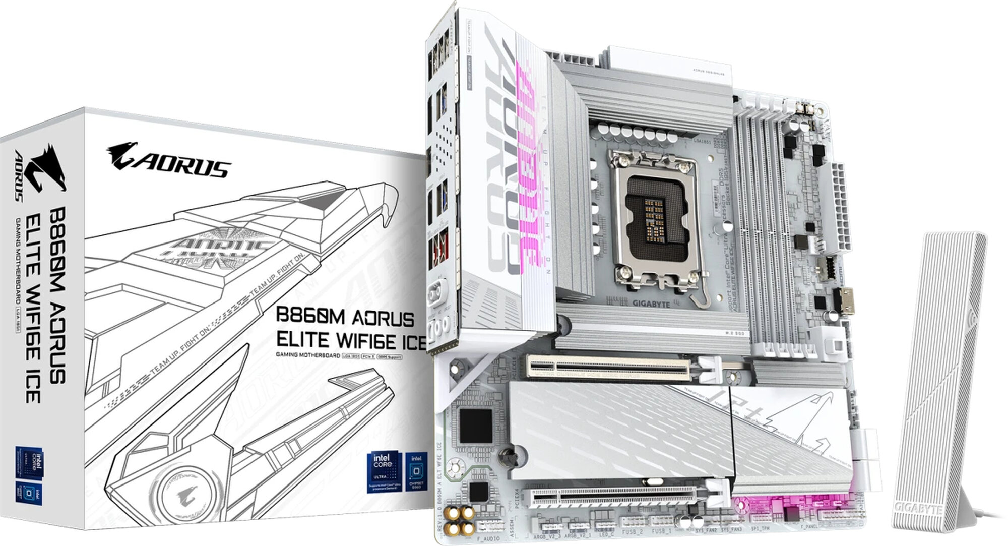 Материнская плата GIGABYTE B860M AORUS ELITE WIFI6E ICE (LGA1851/B860/4xDDR5/2xPCI-Ex16/3xM.2/Wi-Fi/BT/GLAN/HDMI/mATX)