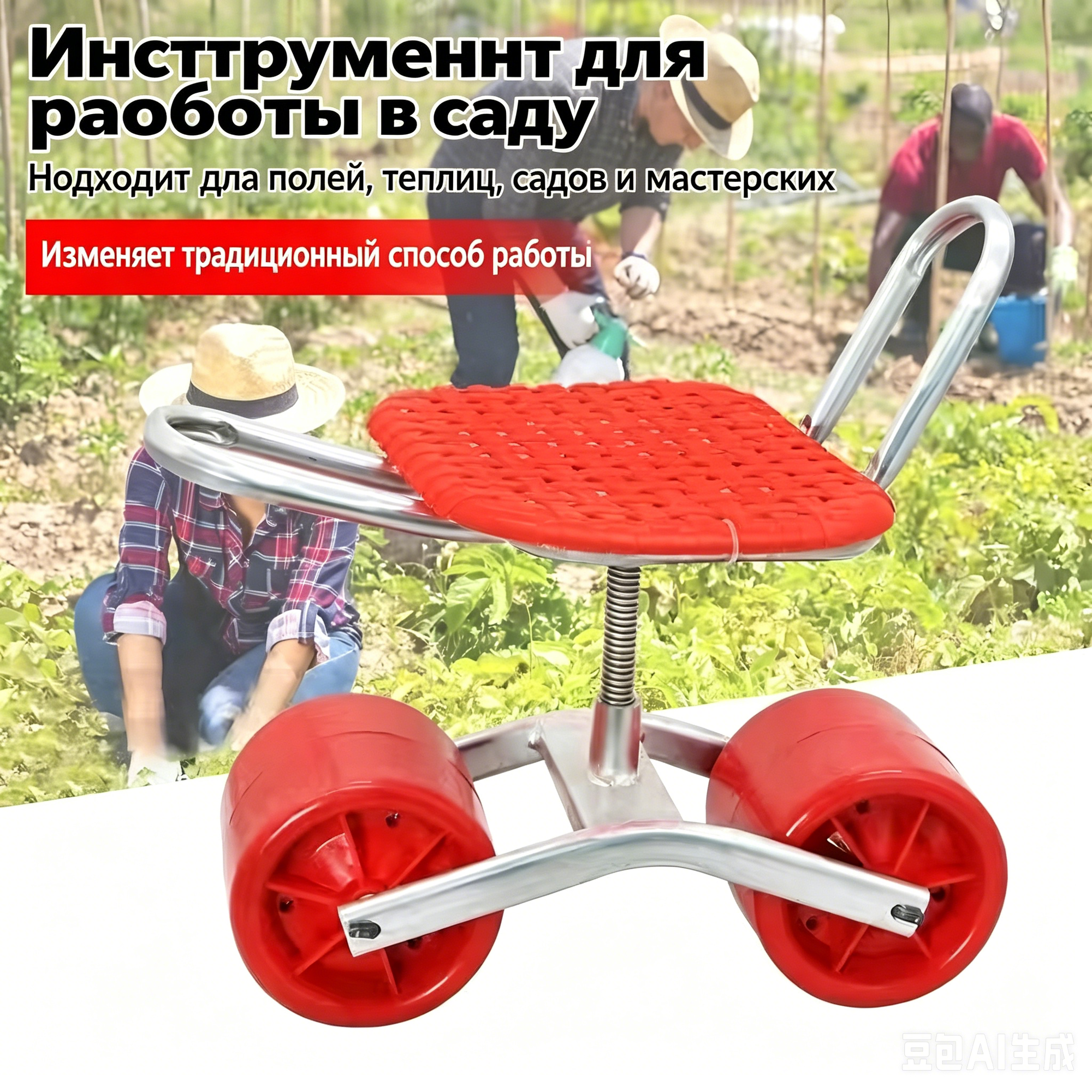 Стул садовый на колесах для прополки и работы в саду с поворотным механизмом, регулируется по высоте
