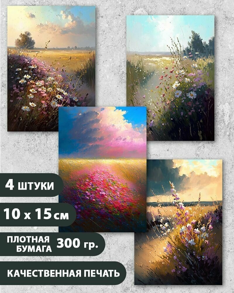 Набор открыток "Пейзаж с полевыми цветами", 10.5 см х 15 см, 4 шт, на подарок и в коллекцию