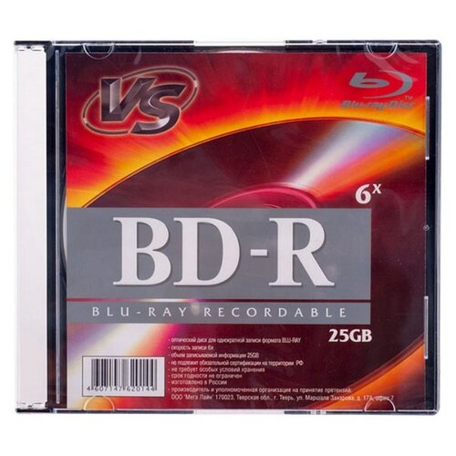 Носители информации Blu-ray BD-R, 6x, VS, Slim/1, VSBDR4SL02