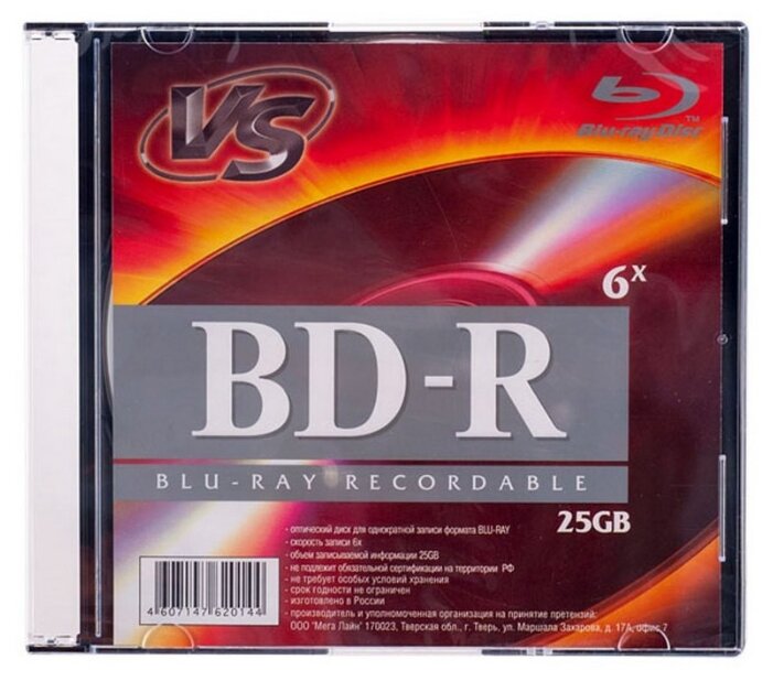 Носители информации Blu-ray BD-R 6x VS Slim/1 VSBDR4SL02