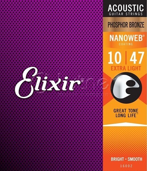 Elixir 16002 NANOWEB - комплект струн для акустической гитары, Extra Light, фосфорная бронза, 10-47