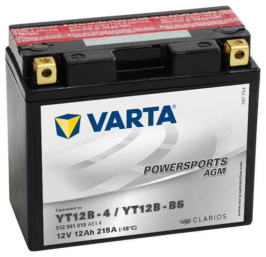 Аккумулятор для мотоцикла и скутера VARTA POWERSPORTS AGM 12 А/ч 215 А прям. пол. с/зар. с эл. YT12B-4, YT12B-BS (151х70х131) 512901019