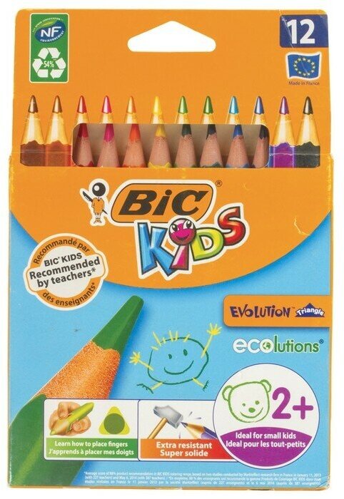 Карандаши 12 цветов, детские, утолщенные, трёхгранные, BIC Kids Evolution Triangle, пластиковые, премиум, картонная упаковка