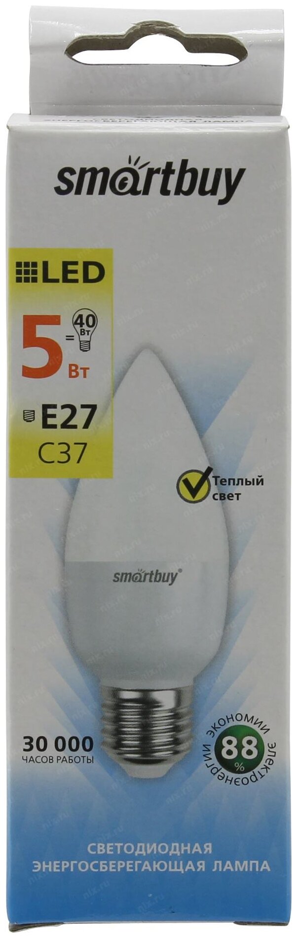 Лампа светодиодная SmartBuy SBL E27, C37, 5Вт, 3000 К