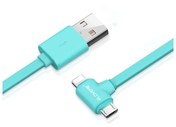 FLOVEME USB Кабель 2 в 1 Micro USB + lightning 1м 2.4A T образный Бирюзовый