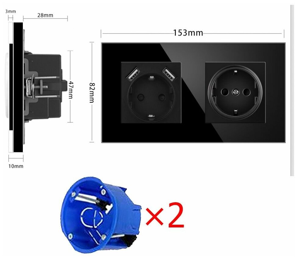 Розетка двойная с 2 USB-портами, 16А 250В, со шторками, рамка закаленное стекло, цвет чёрный - фотография № 13