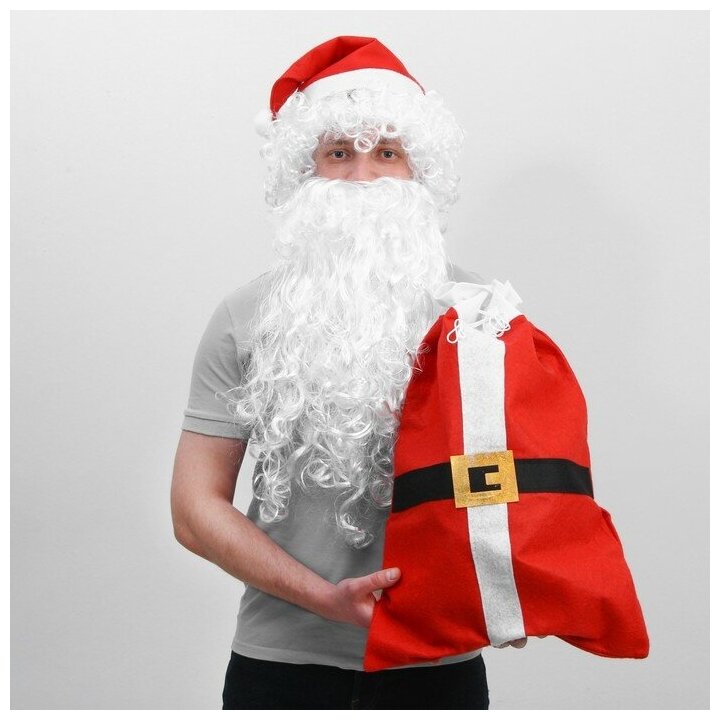 Карнавальный набор Деда Мороза. парик борода мешок с ремнем колпак 9405163