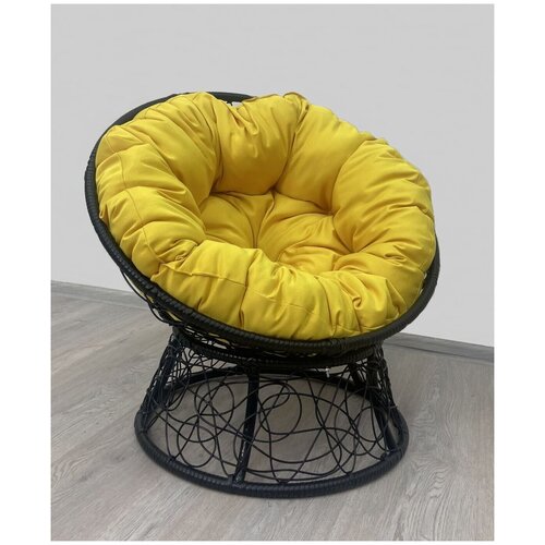 Кресло папасан с ротангом черный (желтая подушка, полиэстер)