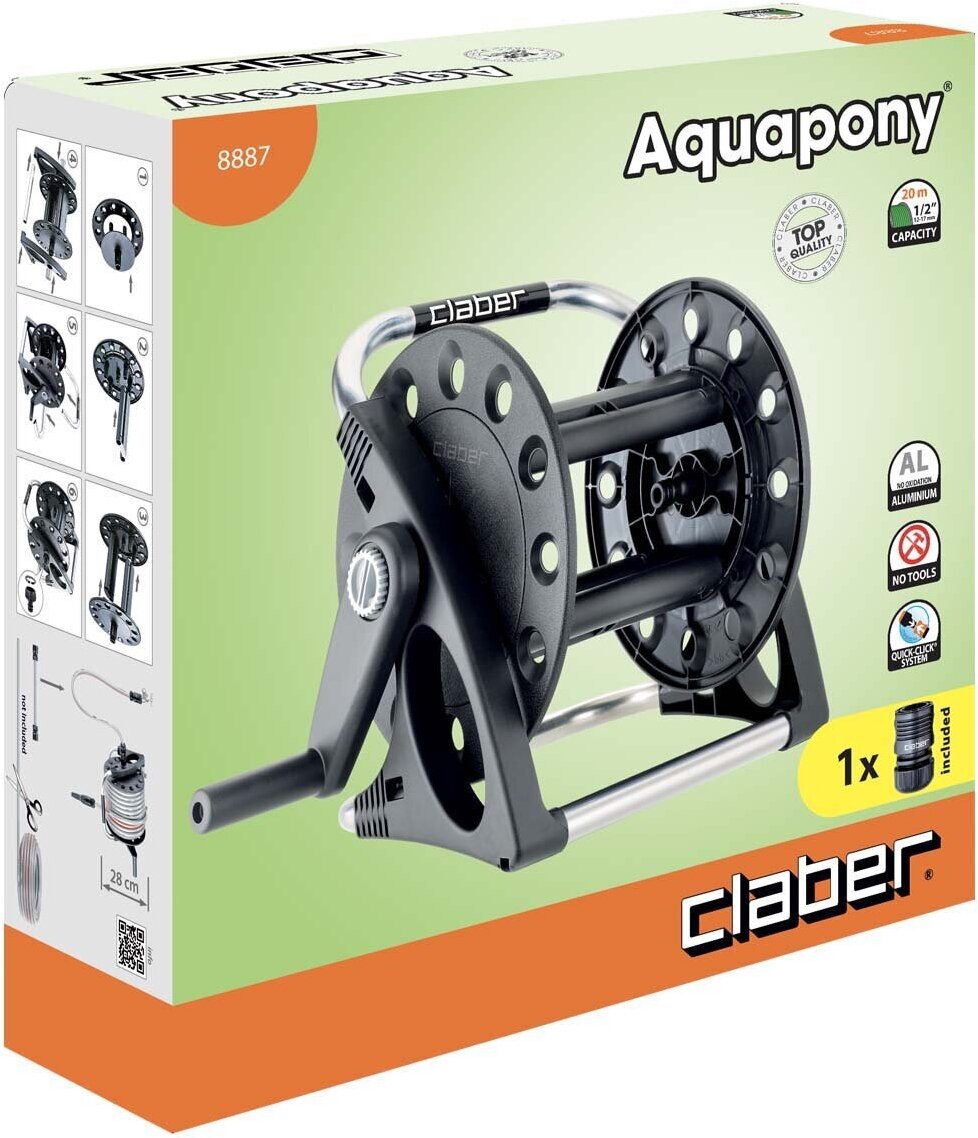 Катушка д/шланга CLABER 8887 AQUAPONY для шланга 1/2" 20м с возможностью крепления к стене + автоматическое соединение. - фотография № 2